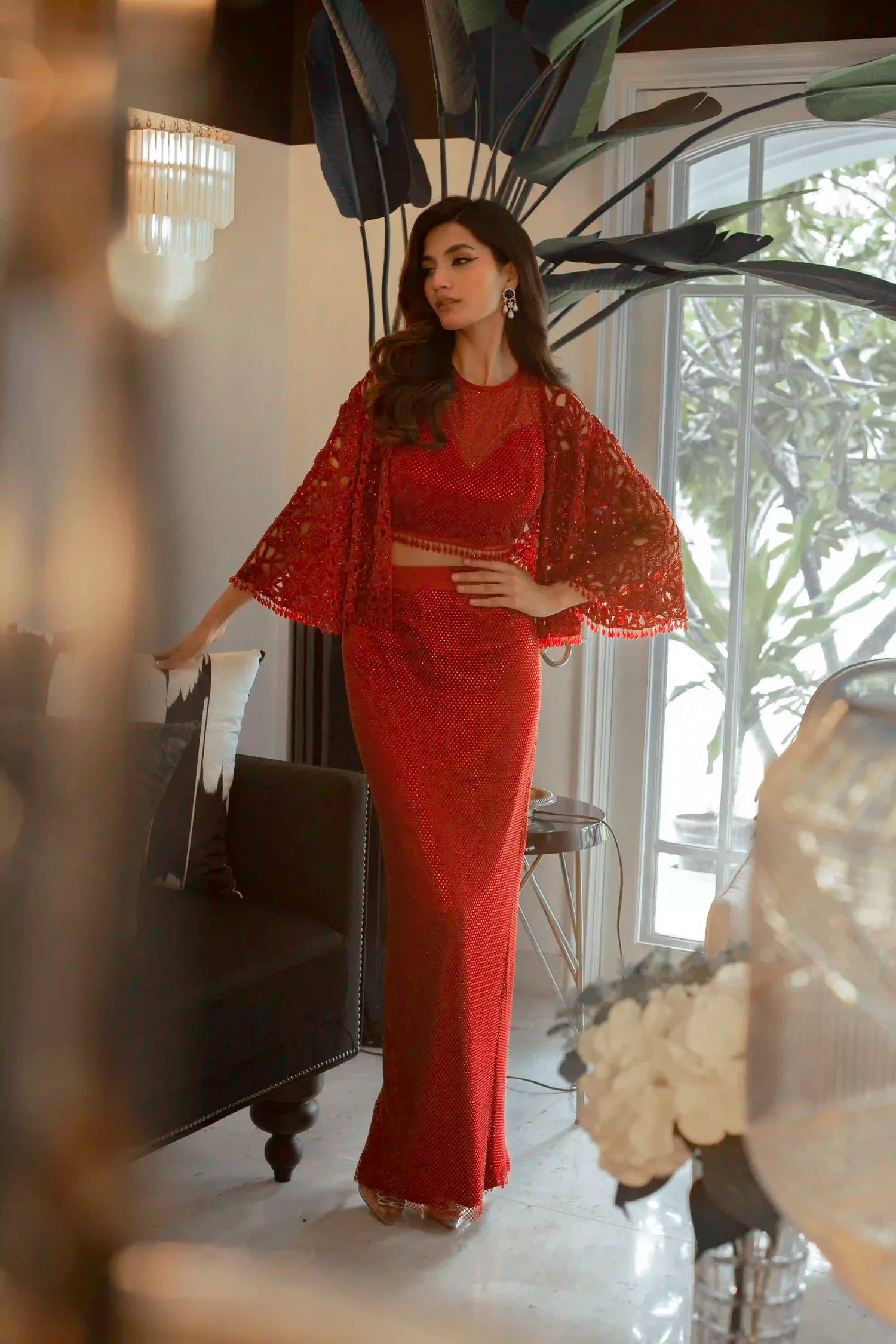 Cutwork jacket and crystal sheathing pencil skirt and top