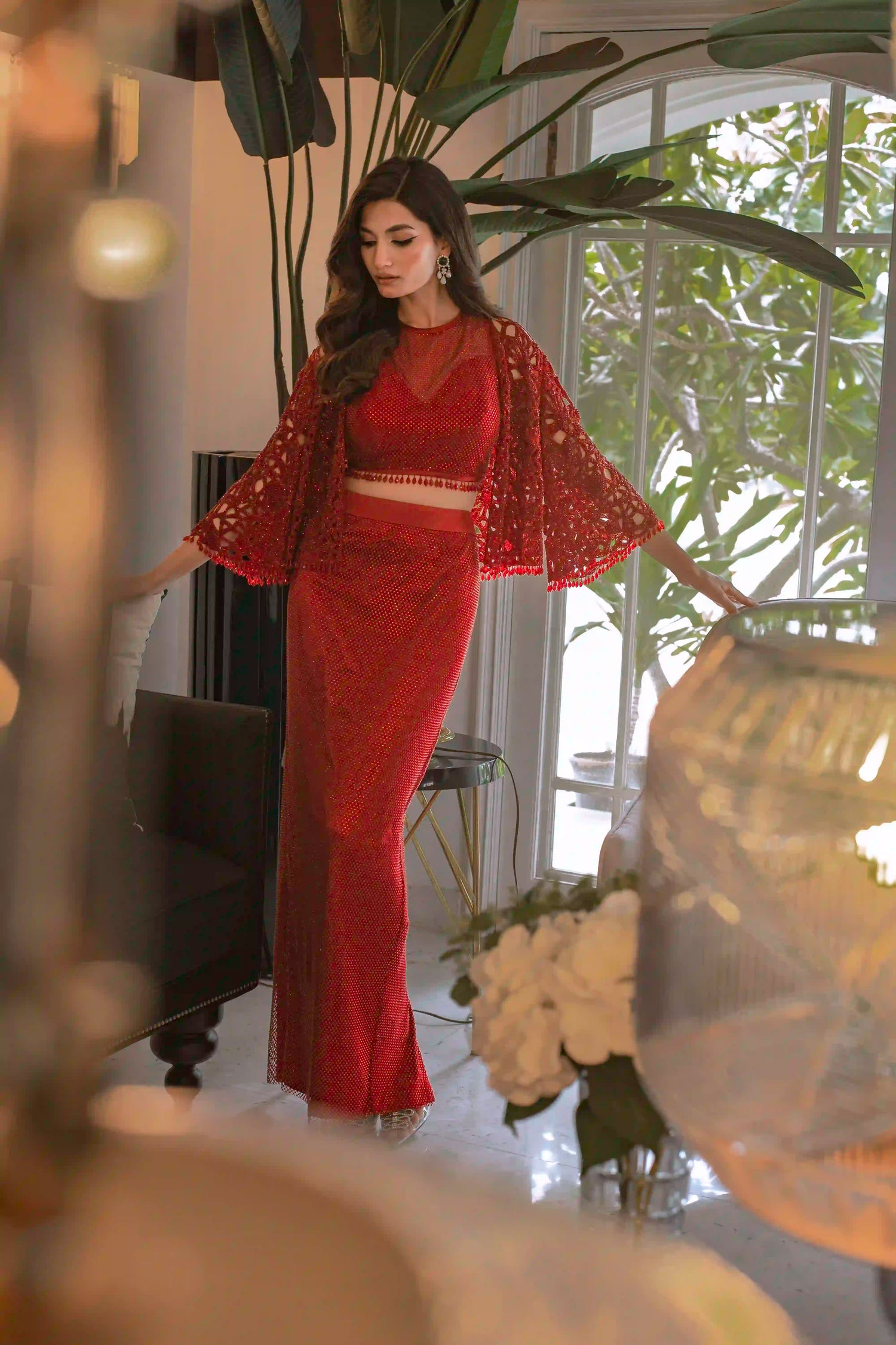 Cutwork jacket and crystal sheathing pencil skirt and top