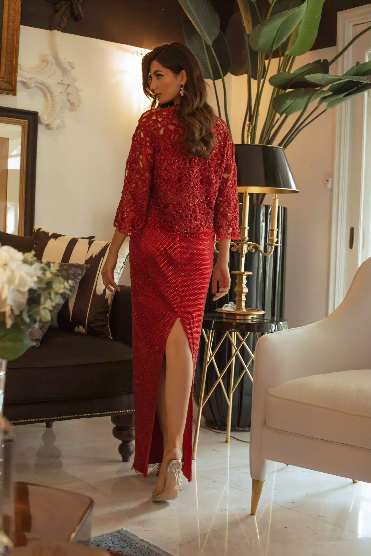 Cutwork jacket and crystal sheathing pencil skirt and top