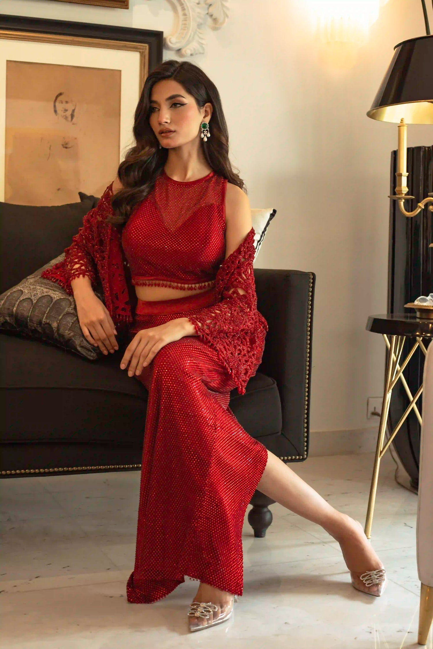 Cutwork jacket and crystal sheathing pencil skirt and top