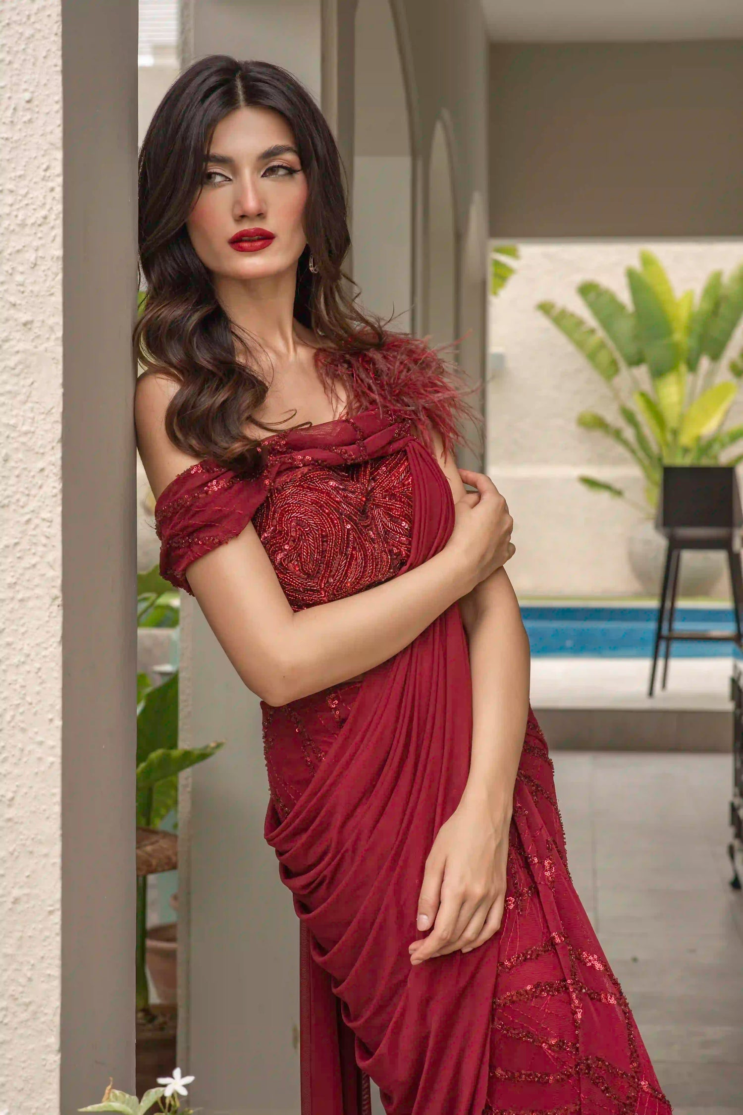 One Piece Red Stitched Saree