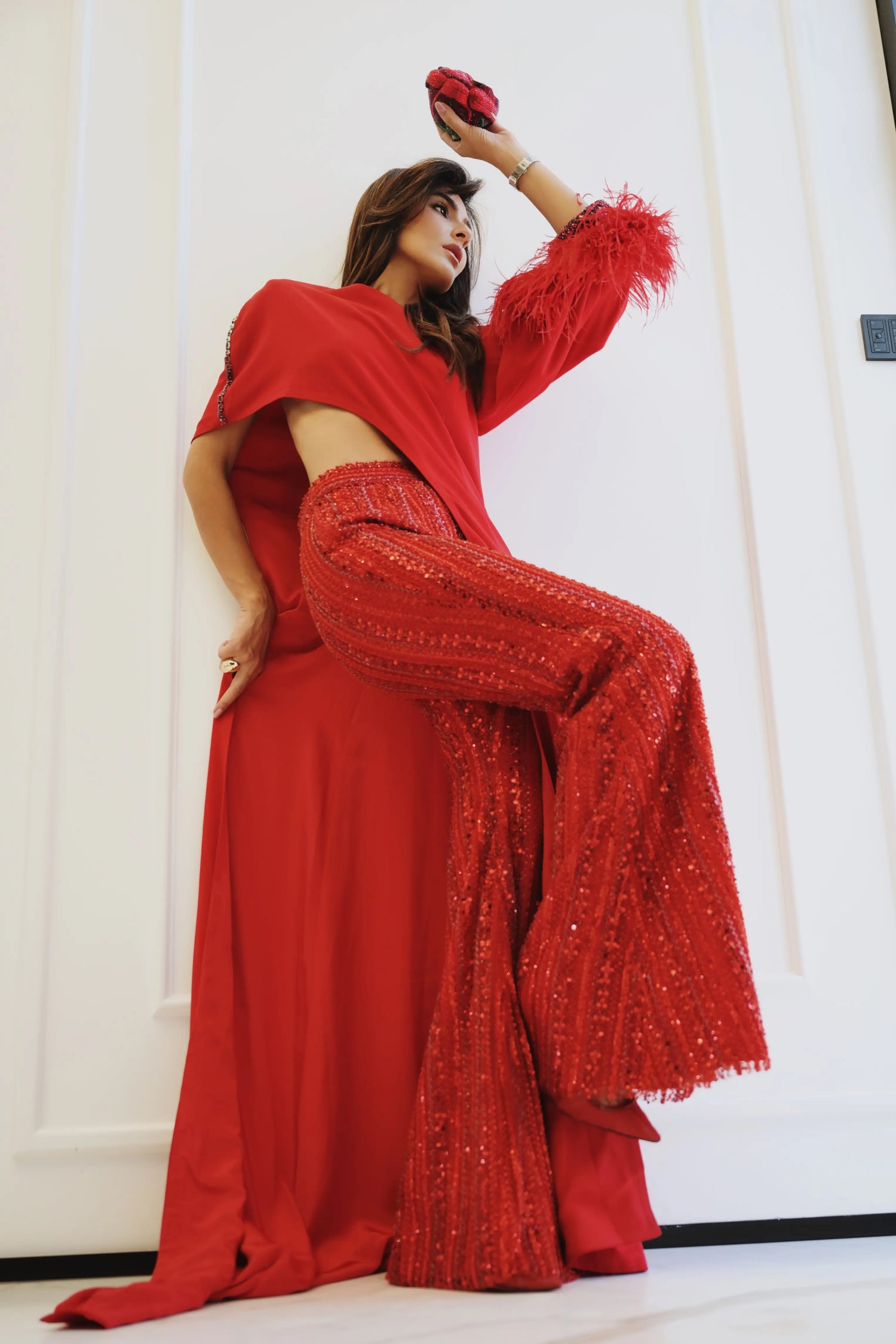 Valentino Red Feather-Cuff Cape Set