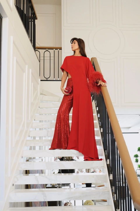 Valentino Red Feather-Cuff Cape Set