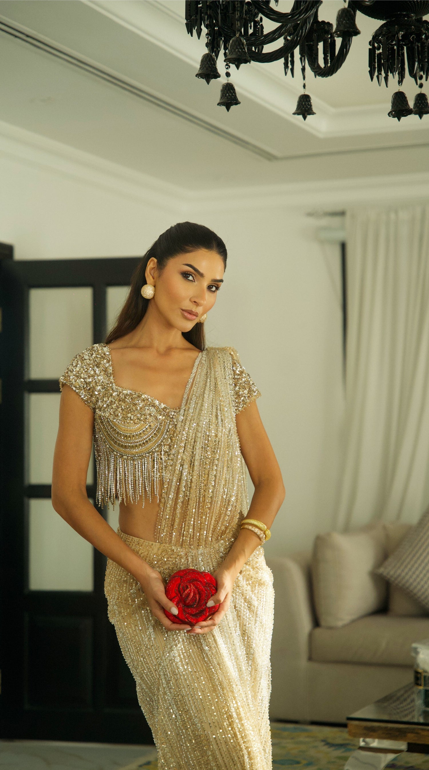 Cream Sequins and Champagne Gold Sequins Saree