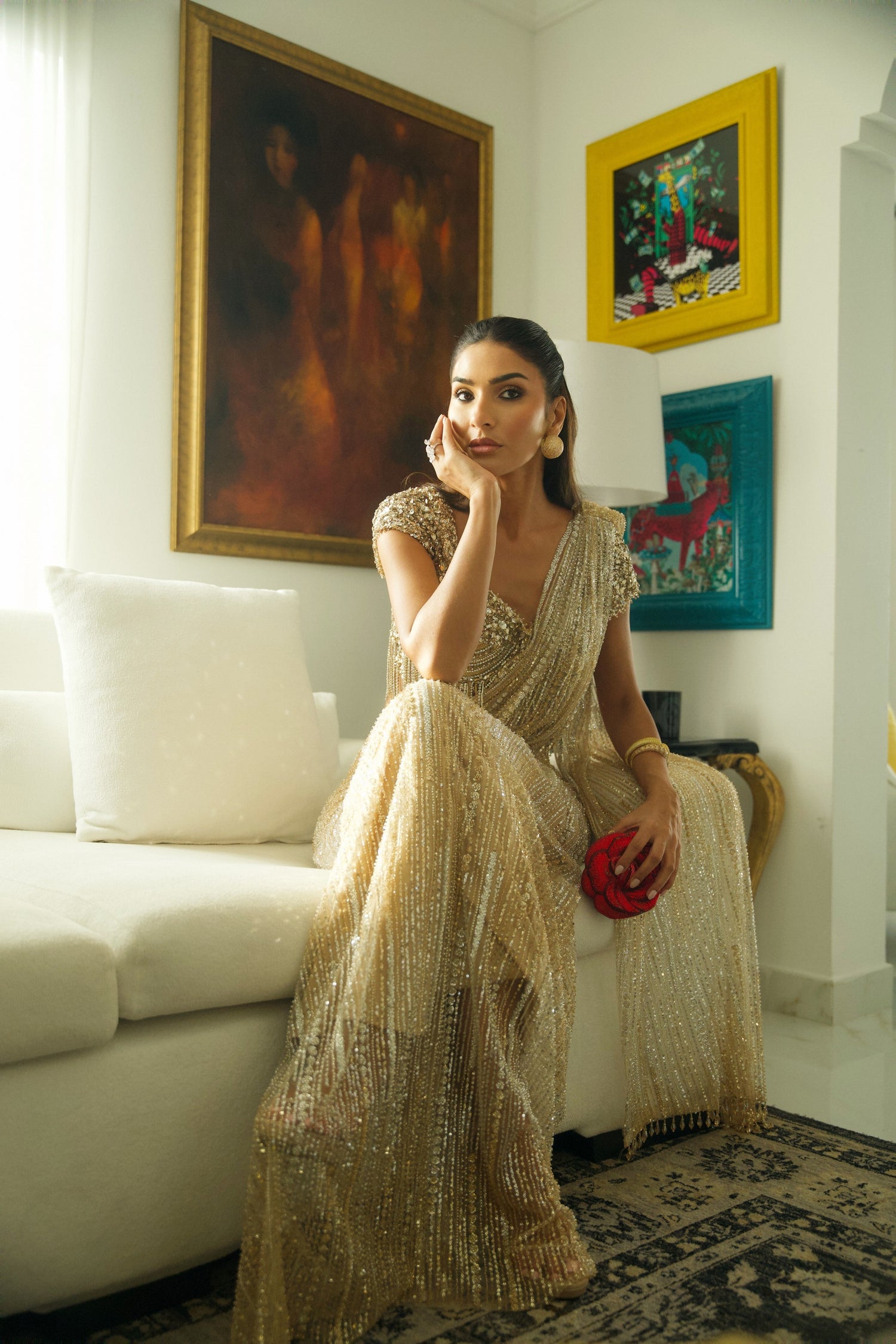 Cream Sequins and Champagne Gold Sequins Saree