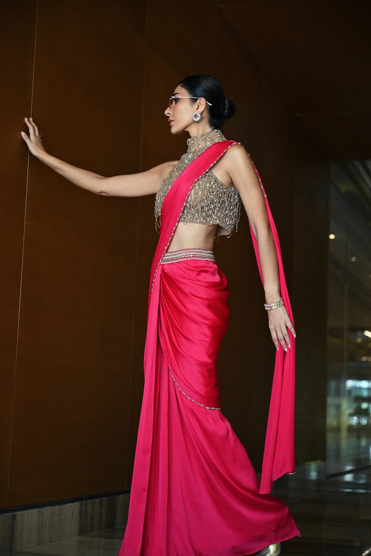 Fuchsia Chain-Embellished Sari