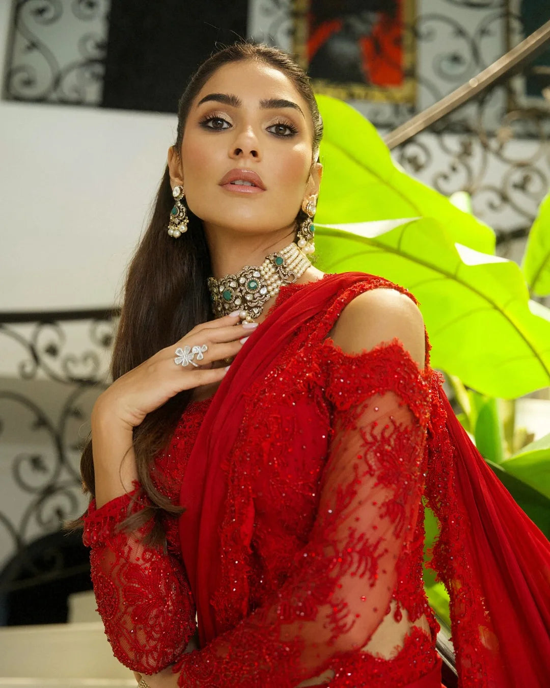 Red Off Shoulder Lace Blouse Saree