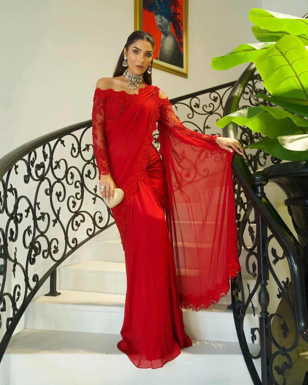 Red Off Shoulder Lace Blouse Saree