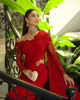 Red Off Shoulder Lace Blouse Saree