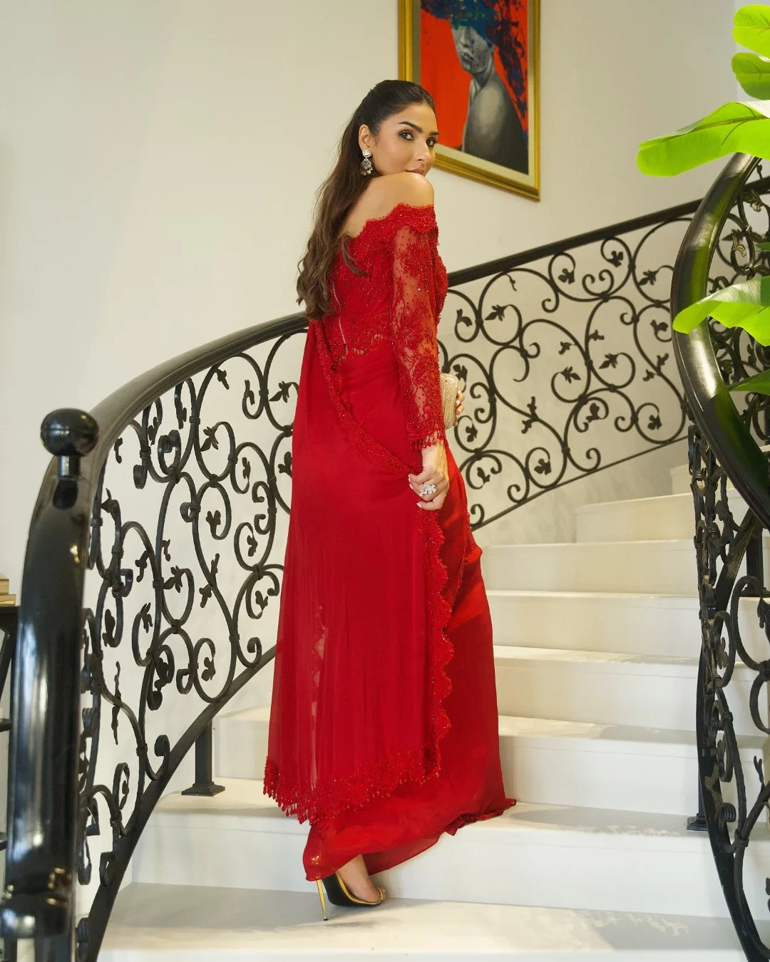 Red Off Shoulder Lace Blouse Saree