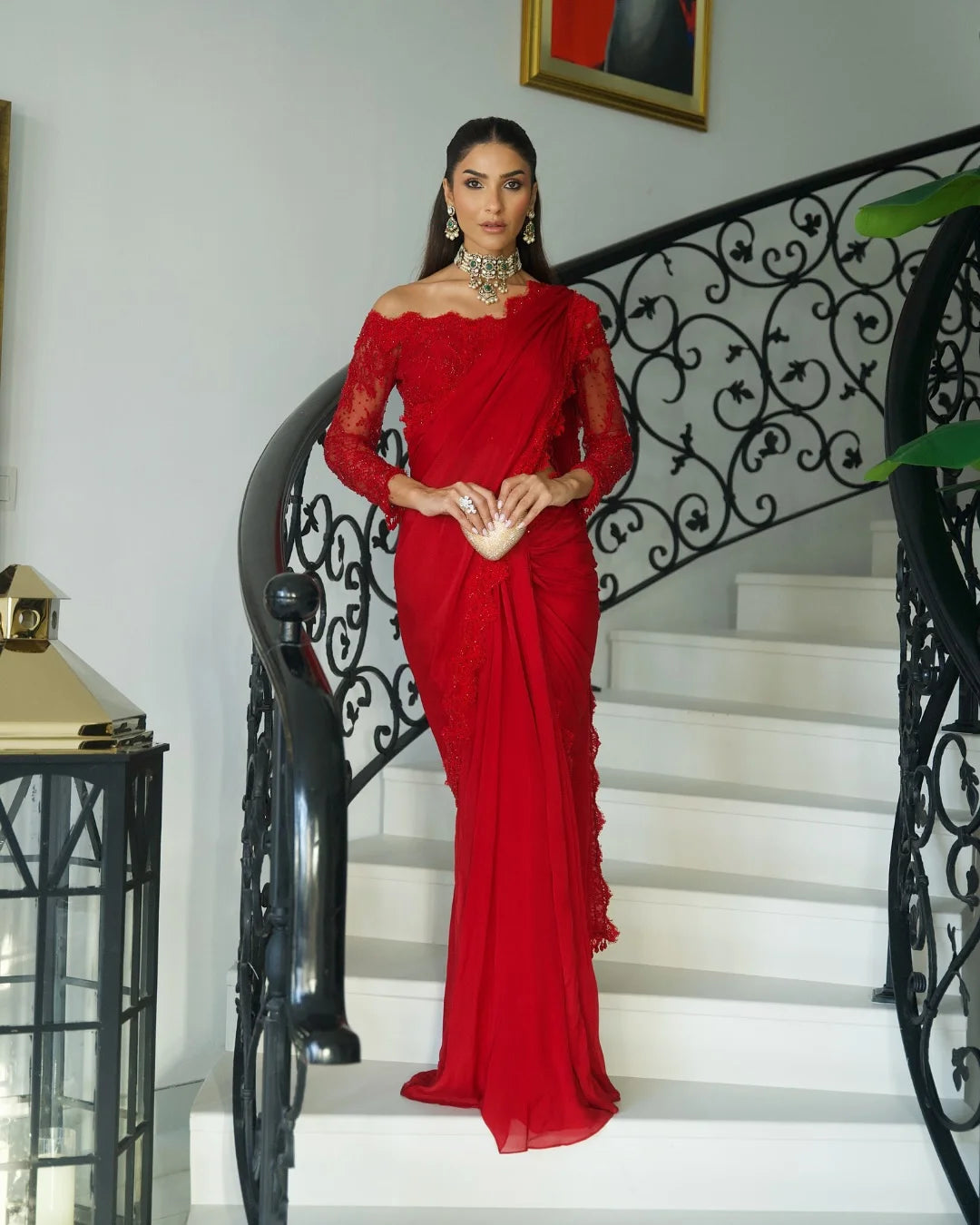 Red Off Shoulder Lace Blouse Saree
