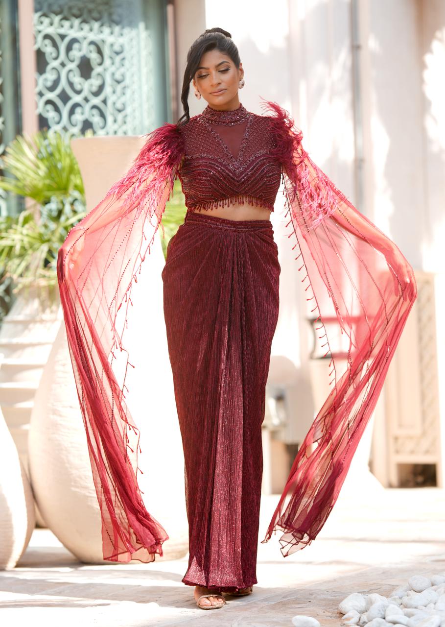 Feather Cape Knot Skirt Concept Saree