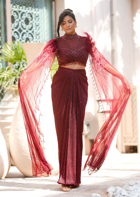 Feather Cape Knot Skirt Concept Saree