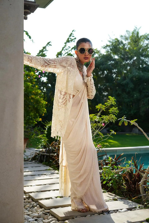 Champagne Lace Drape Saree