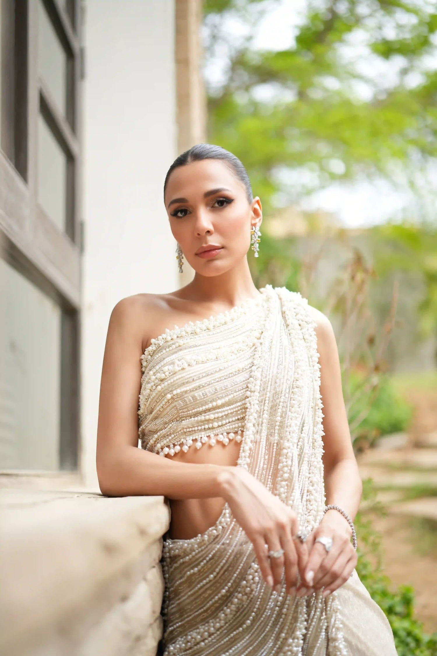 Shimmer georgette drape with One Shoulder Blouse