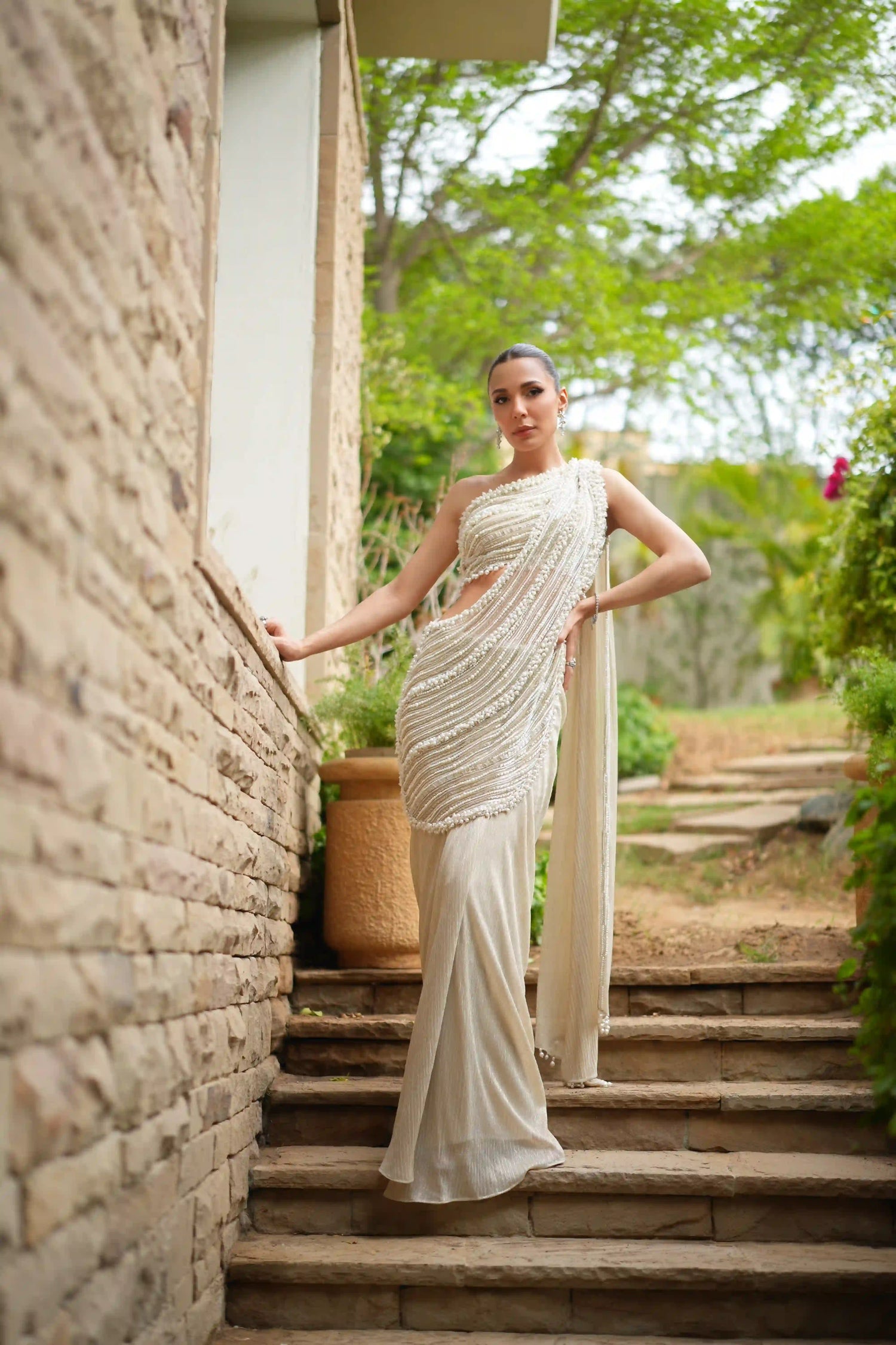Shimmer georgette drape with One Shoulder Blouse