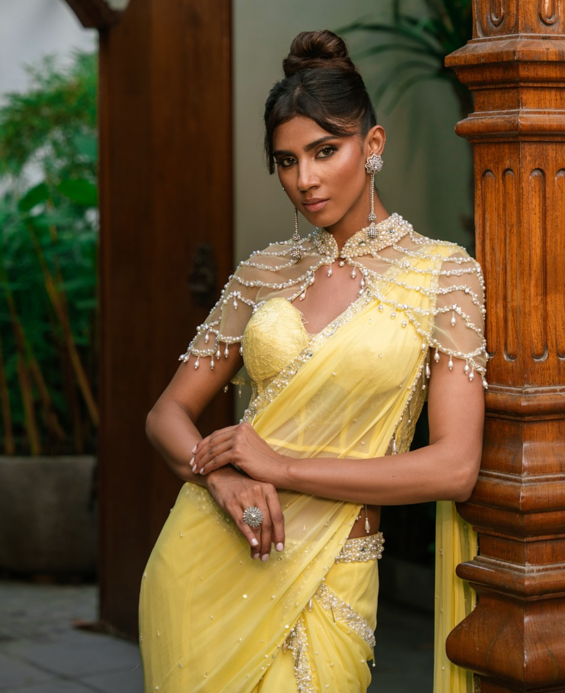 Yellow Bow Saree with cape