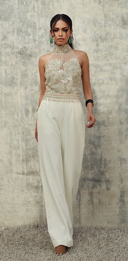 Cream high collar topaz and silver Swarovski crystal jumpsuit
