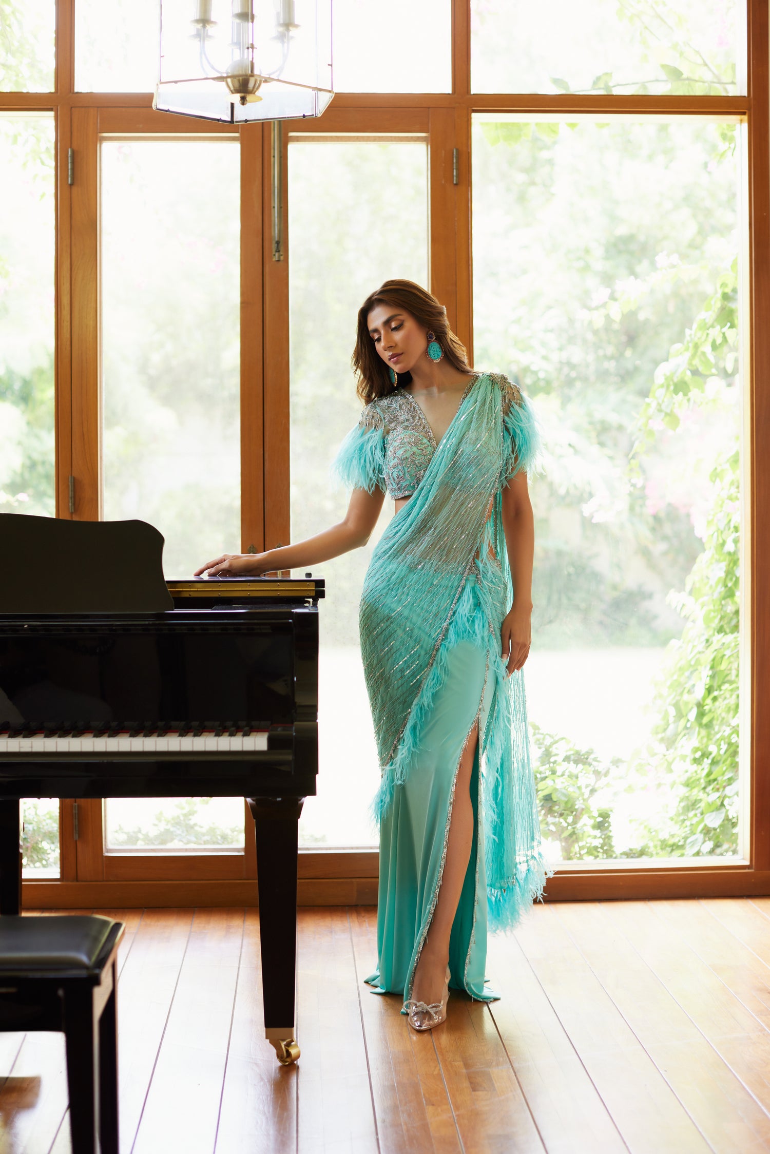 Turquoise Feather Saree