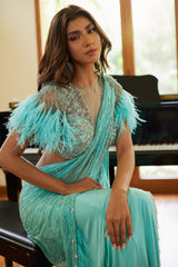 Turquoise Feather Saree