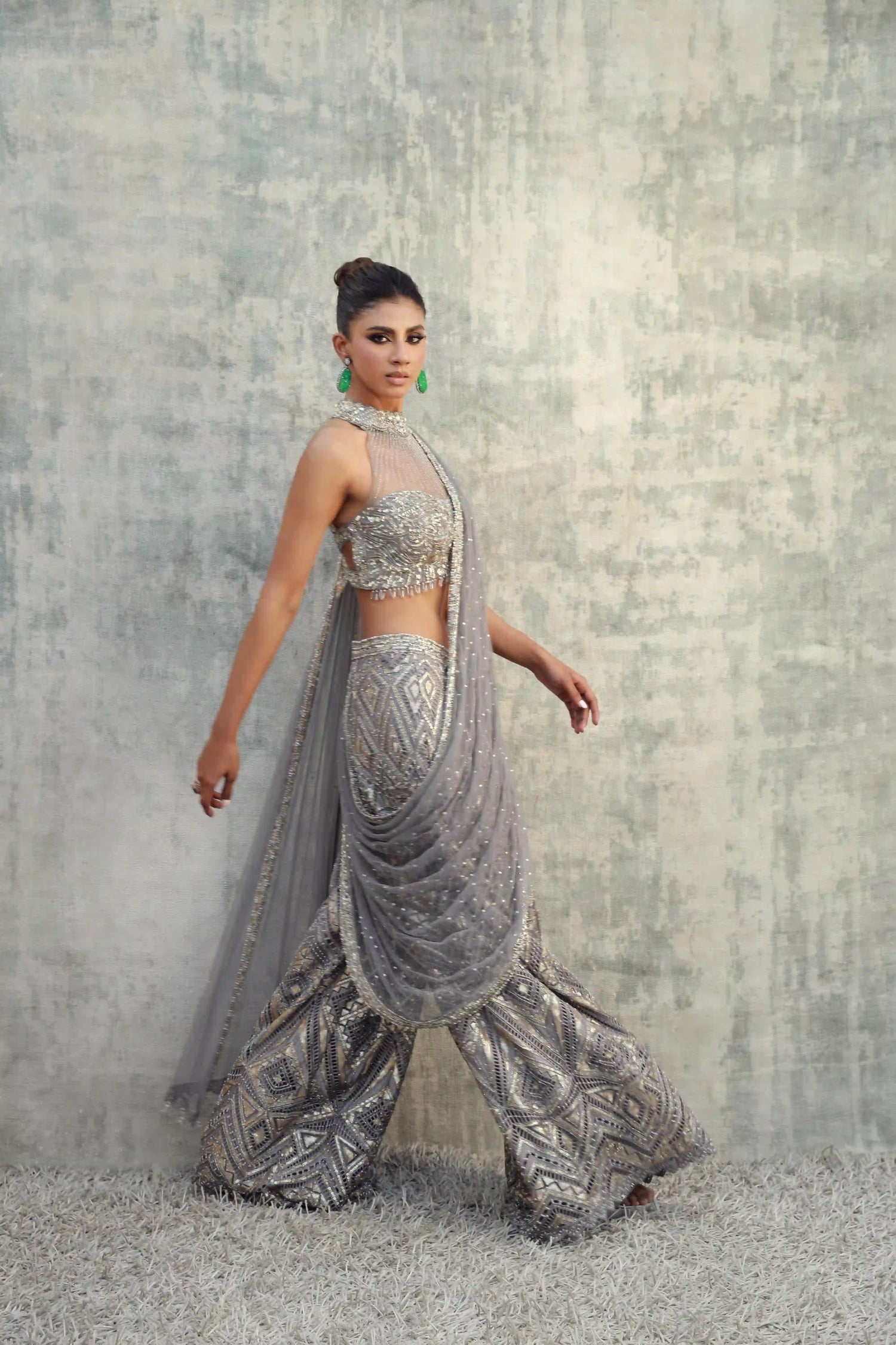 Antique Grey Cutwork Pant Saree