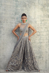 Antique Grey Cutwork Pant Saree