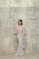 Shimmer Grey Saree with Pink Cape