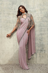 Onion Pink Shimmer Saree with Antique Silver Cape
