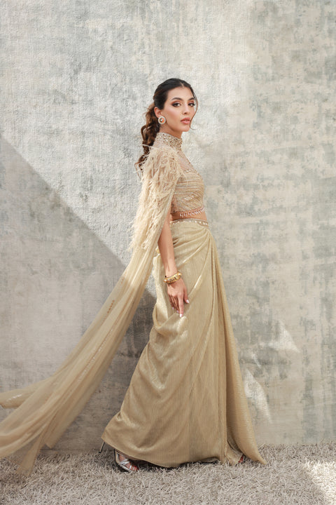 Feather Cape Knot Skirt Concept Saree