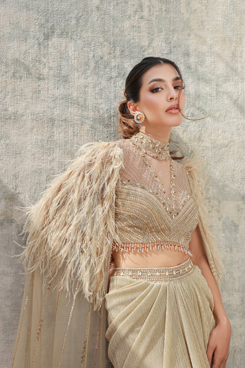 Feather Cape Knot Skirt Concept Saree