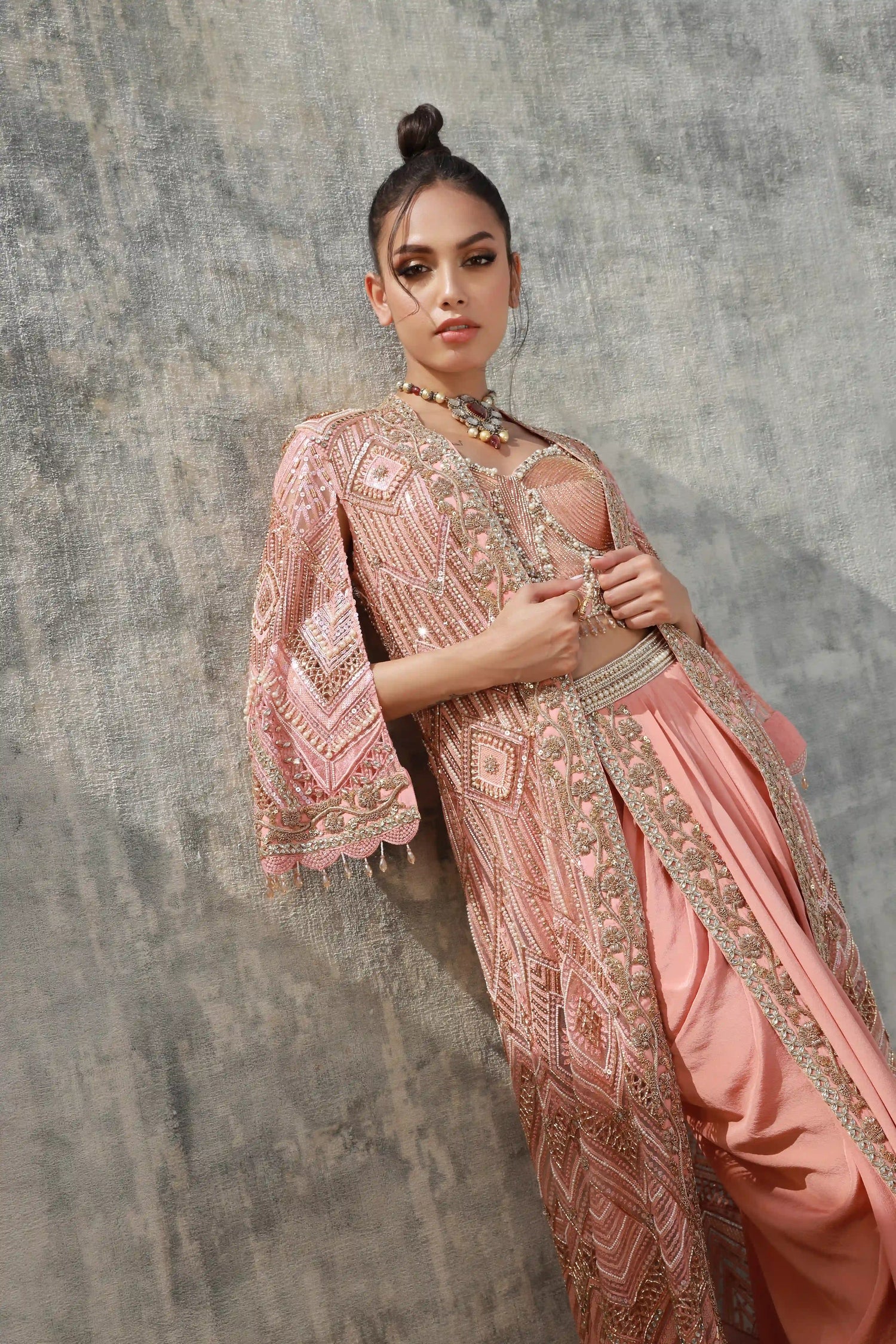 Salmon Cutwork jacket bustier and knot skirt