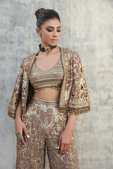 Bronze / gold pant set with an antique gold work bustier