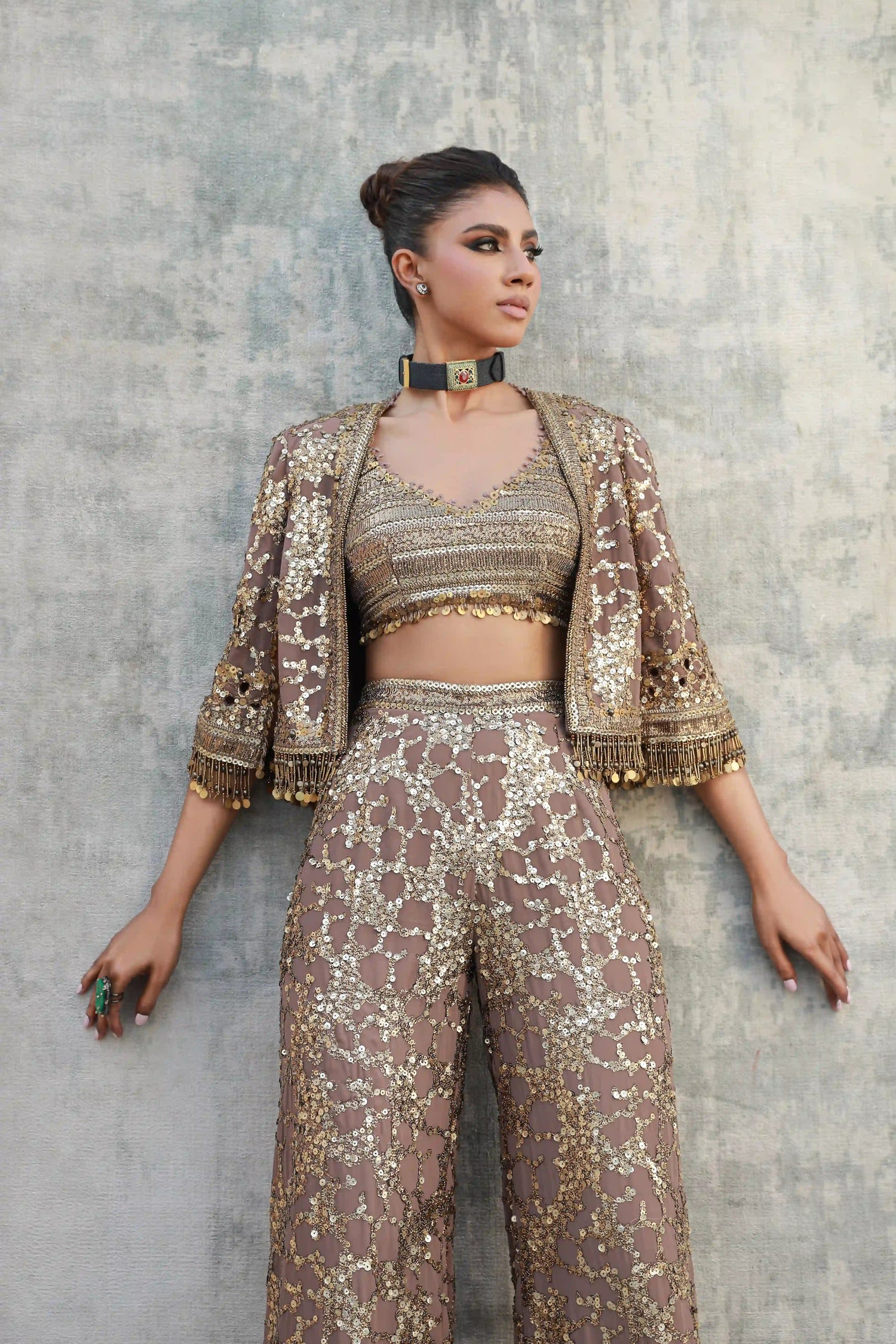 Bronze / gold pant set with an antique gold work bustier