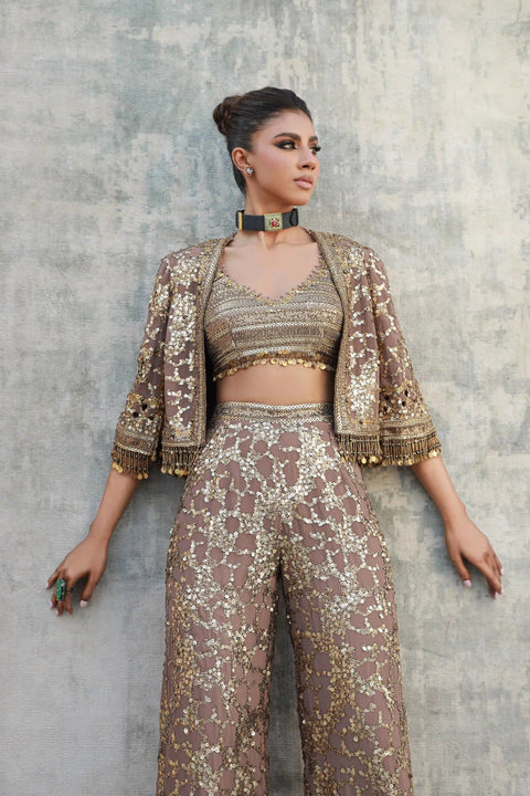 Bronze / gold pant set with an antique gold work bustier