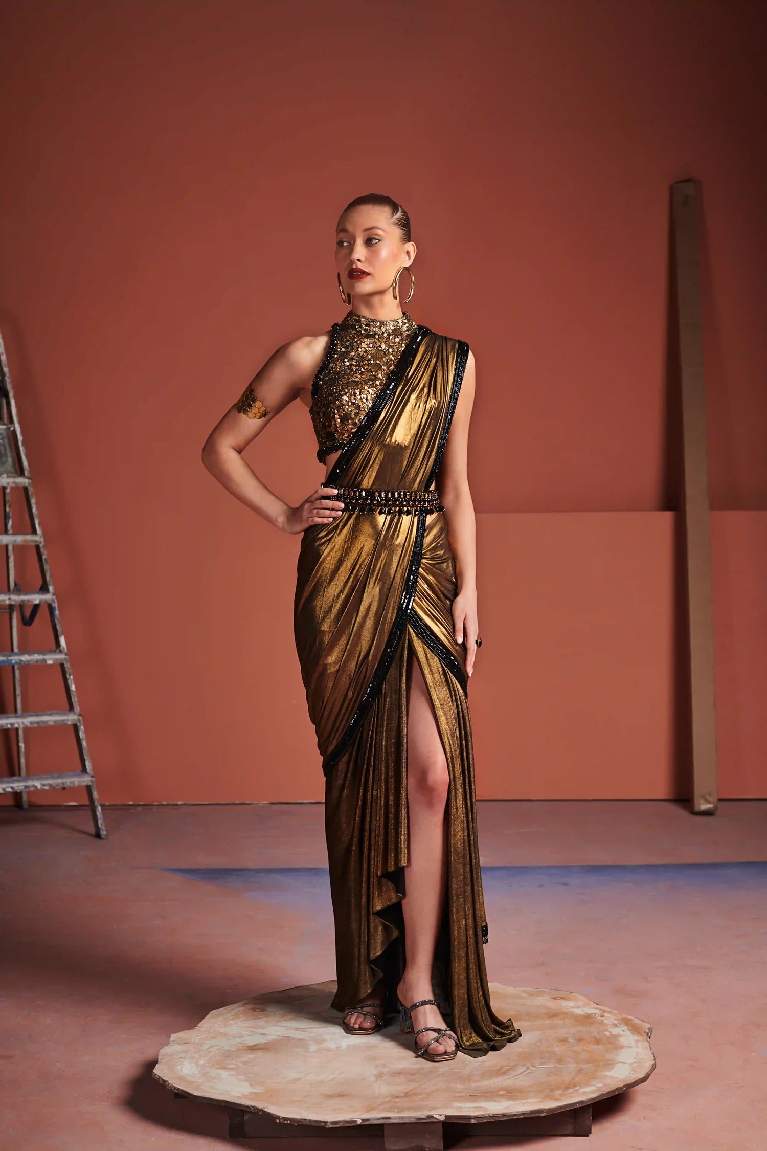 Gold Halter Blouse Saree