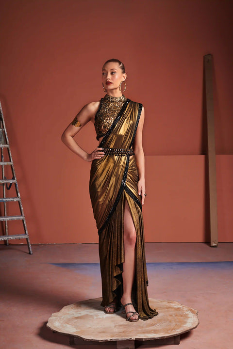 Gold Halter Blouse Saree