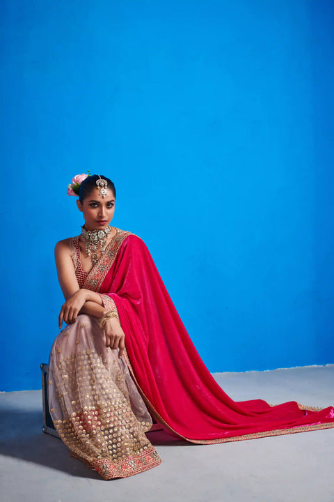 Pink Velvet Saree