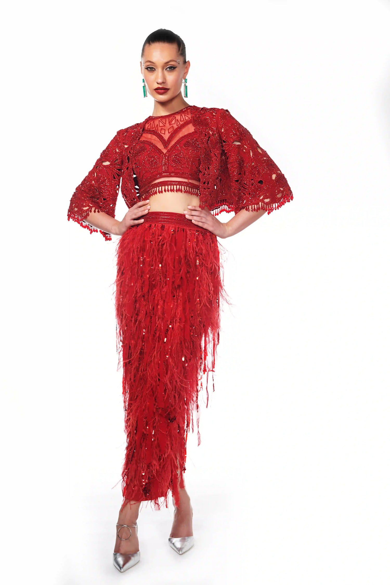 red Hand Cutwork jacket and feather skirt