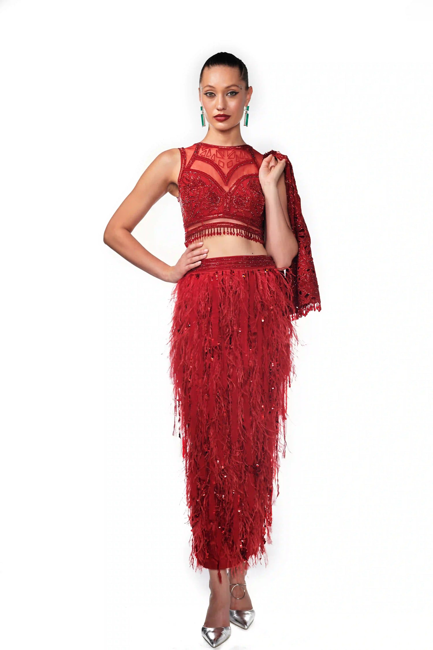 red Hand Cutwork jacket and feather skirt