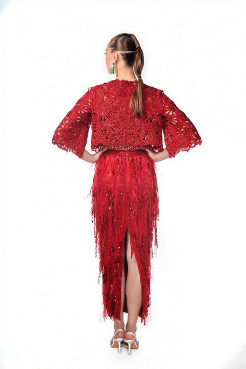 red Hand Cutwork jacket and feather skirt