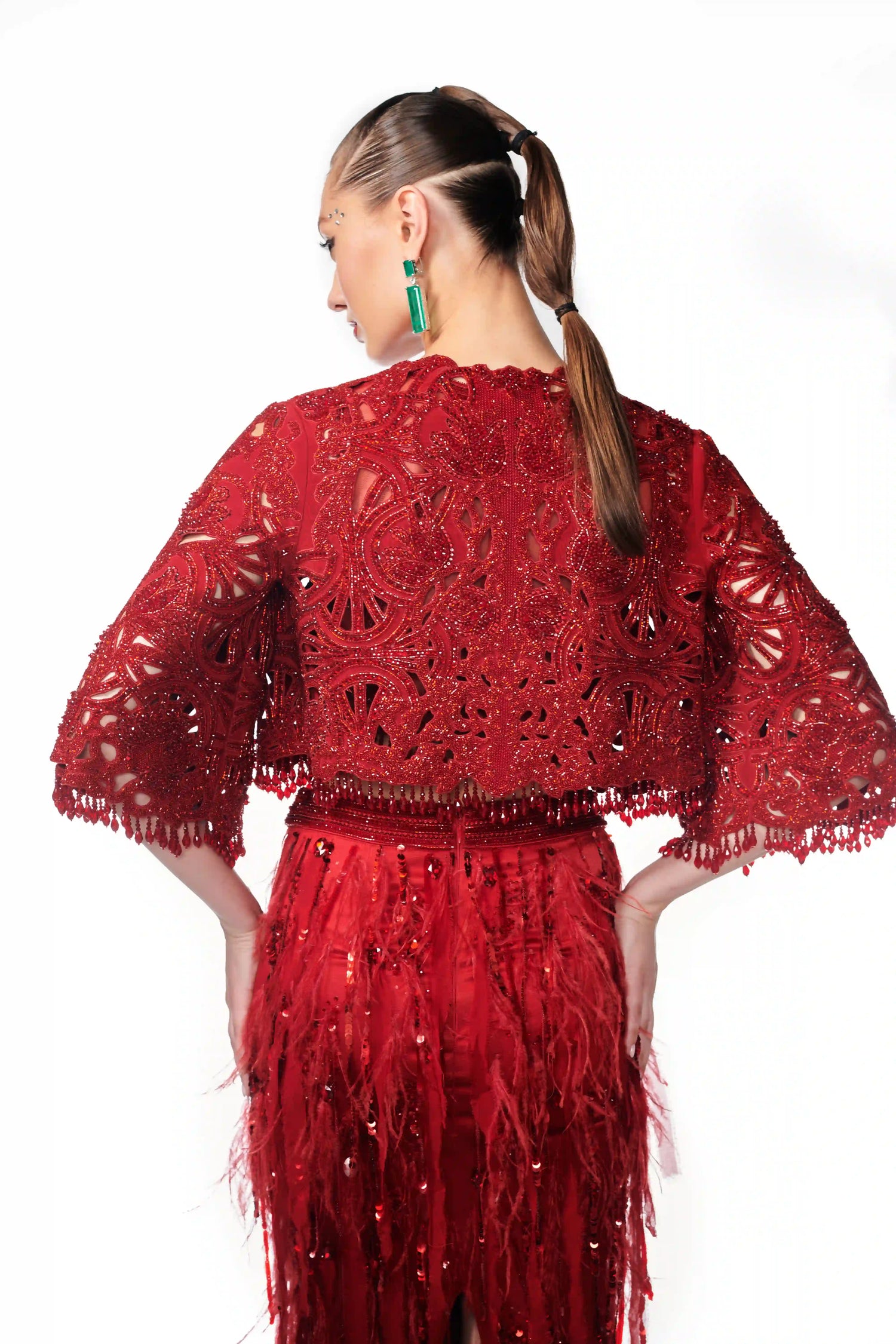 red Hand Cutwork jacket and feather skirt