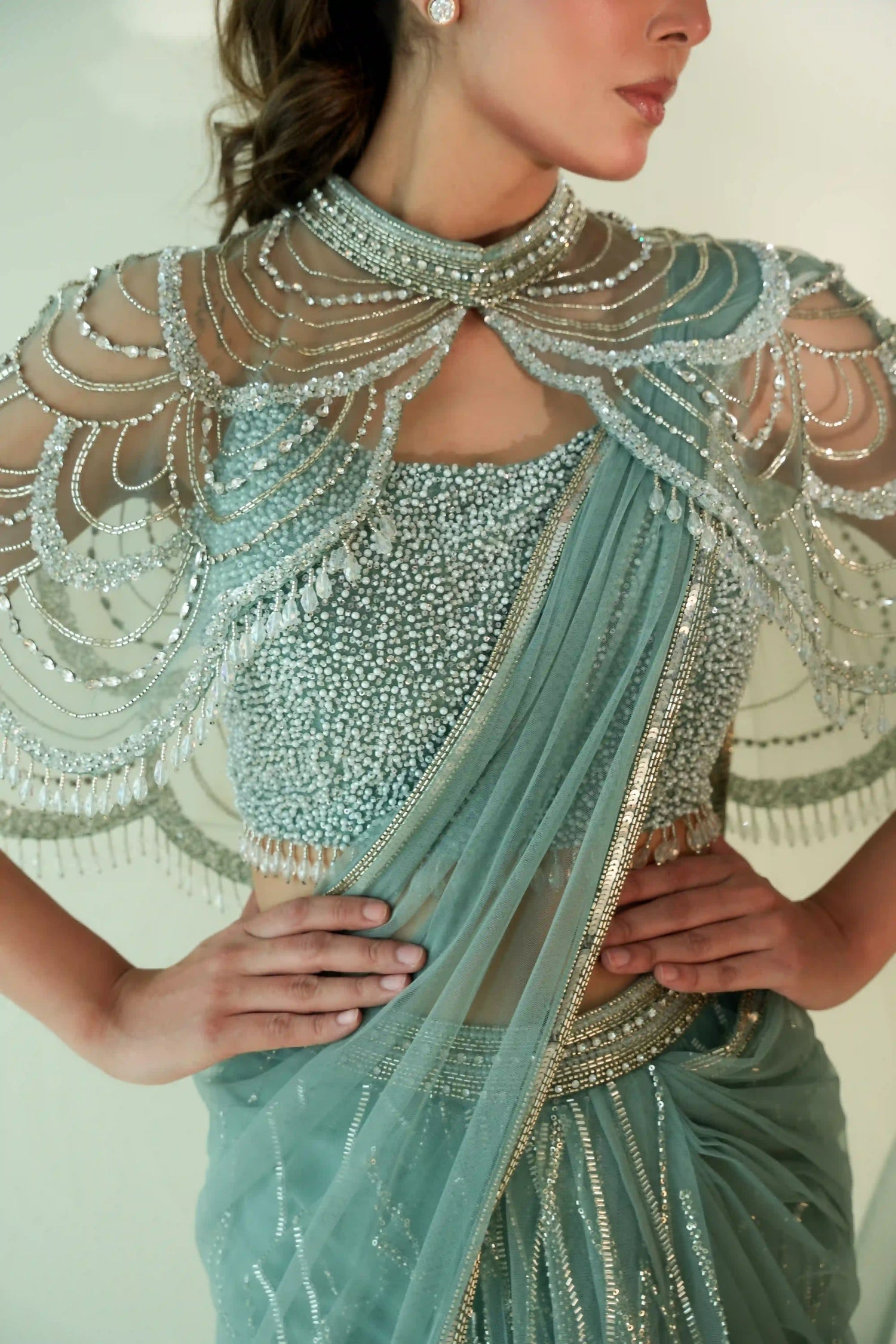 Mint Green Cape Saree