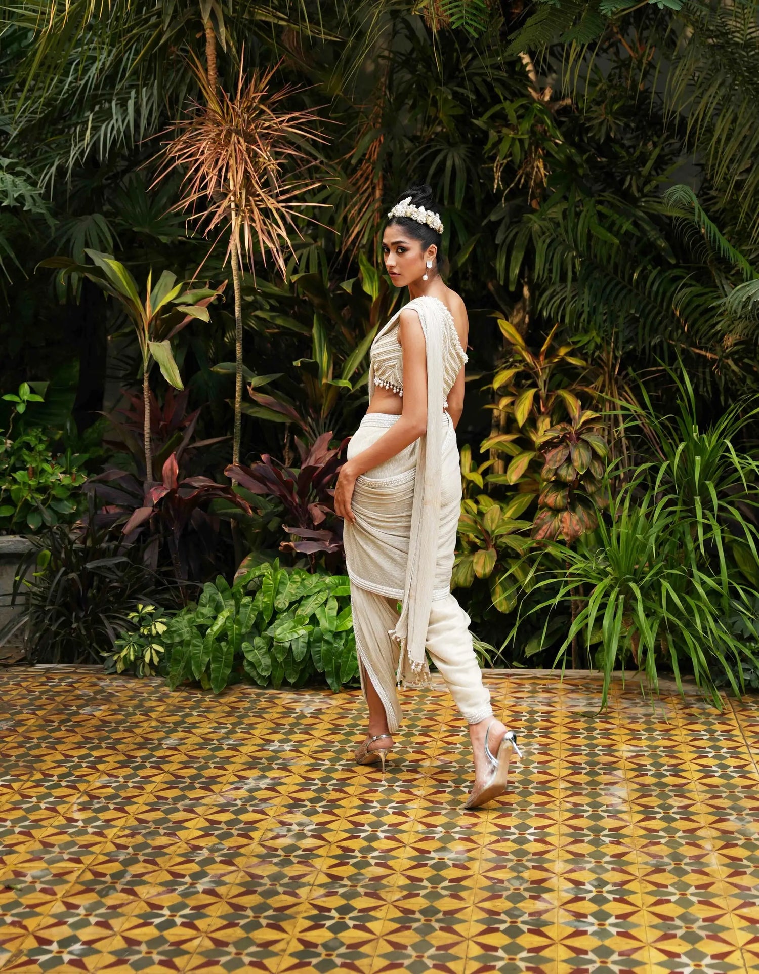 One Shoulder Pearl Blouse with Dhoti Saree