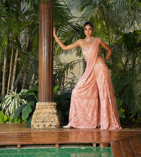 Salmon Cutwork Pant Saree