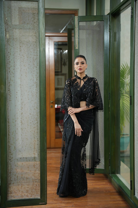 Black Embellished Cape Saree