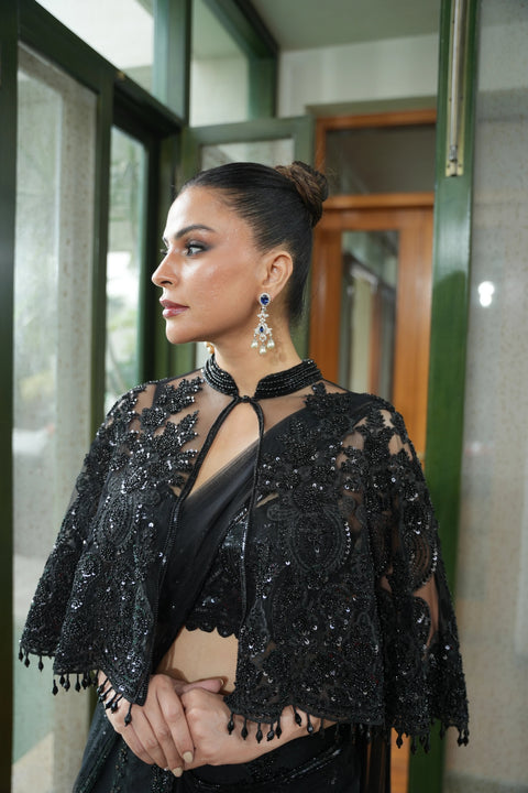 Black Embellished Cape Saree