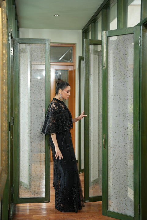 Black Embellished Cape Saree