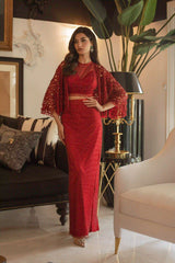 Cutwork jacket and crystal sheathing pencil skirt and top