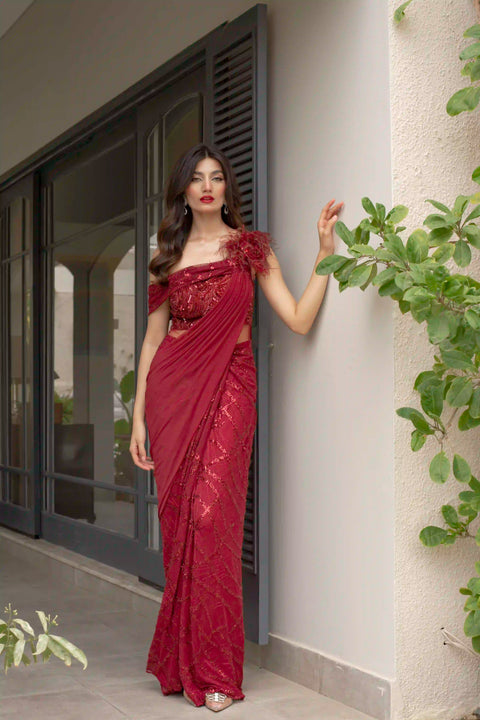 One Piece Red Stitched Saree