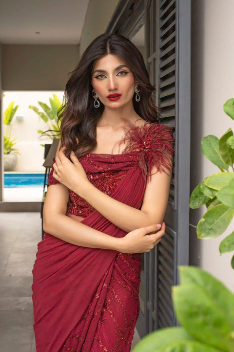 One Piece Red Stitched Saree